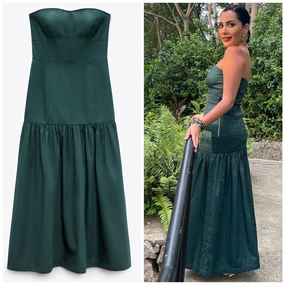ZARA GREEN TOPSTITCHED DRESS - Picture 1 of 12